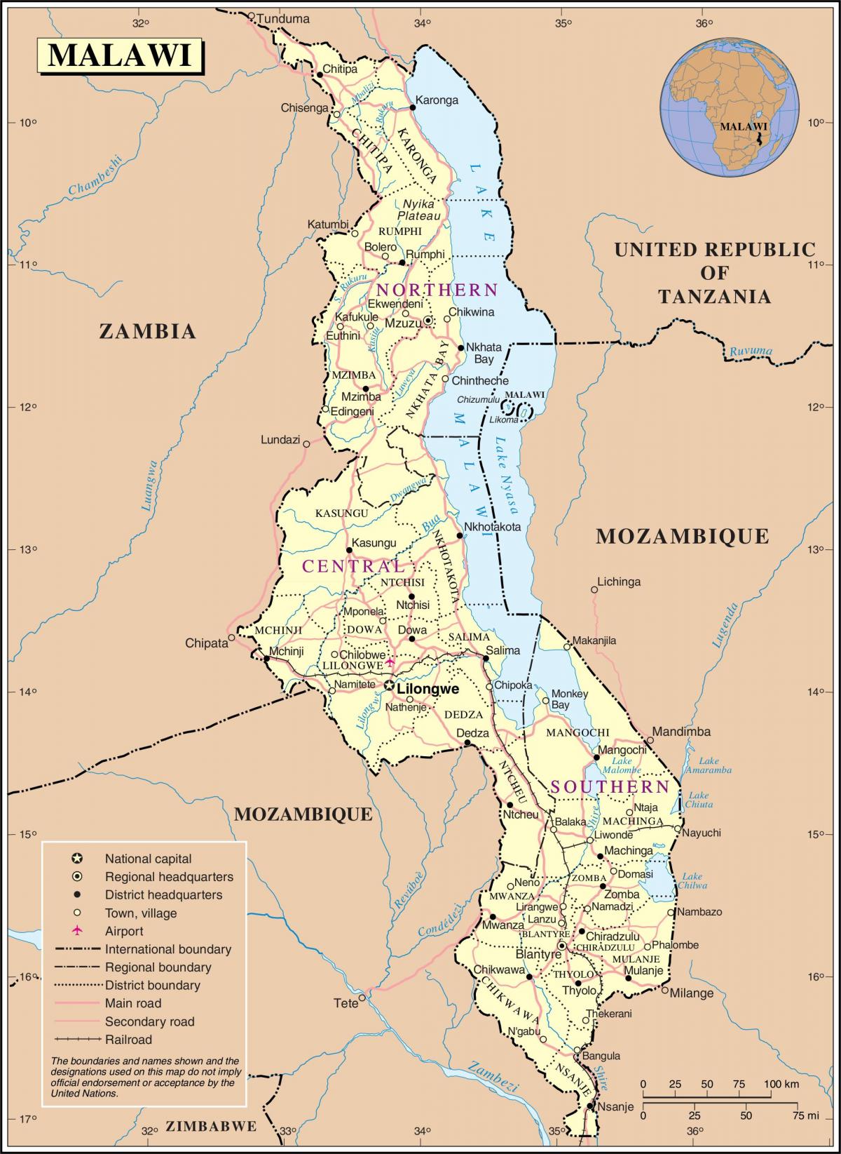 harta e Malavi duke treguar rrugët
